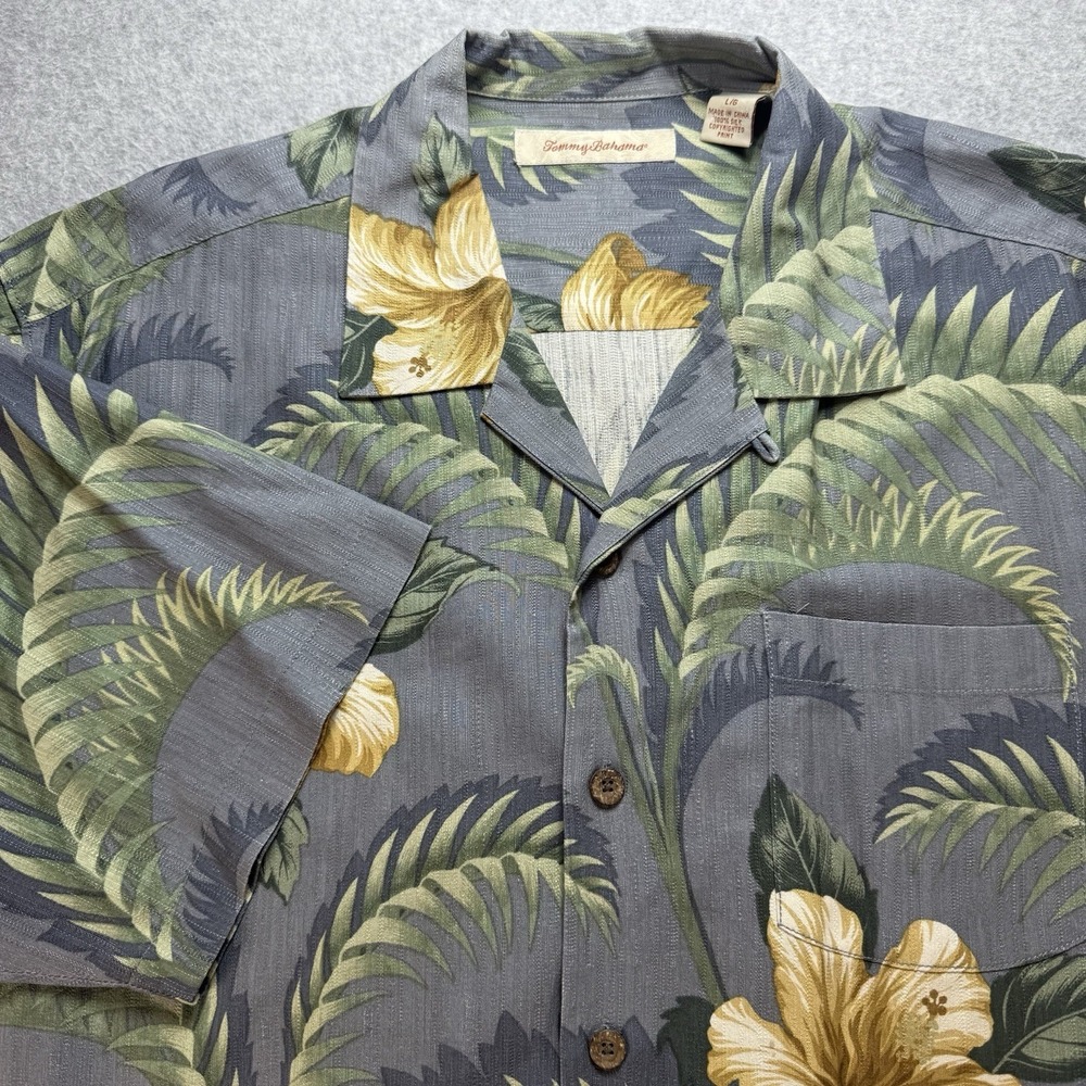 Tommy Bahama Silk Camp Shirt Mens‎ Large Gray Yellow Floral Hawaiian